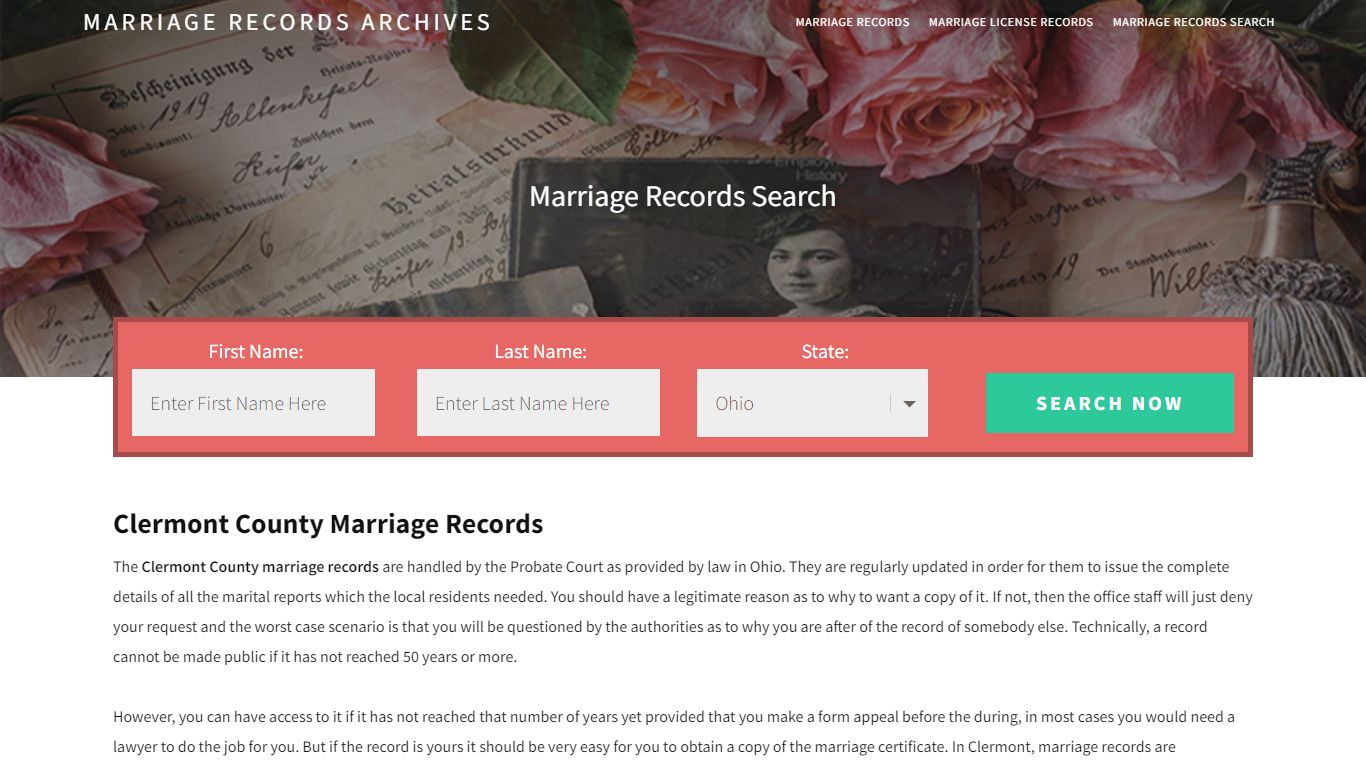 Clermont County Marriage Records | Enter Name and Search